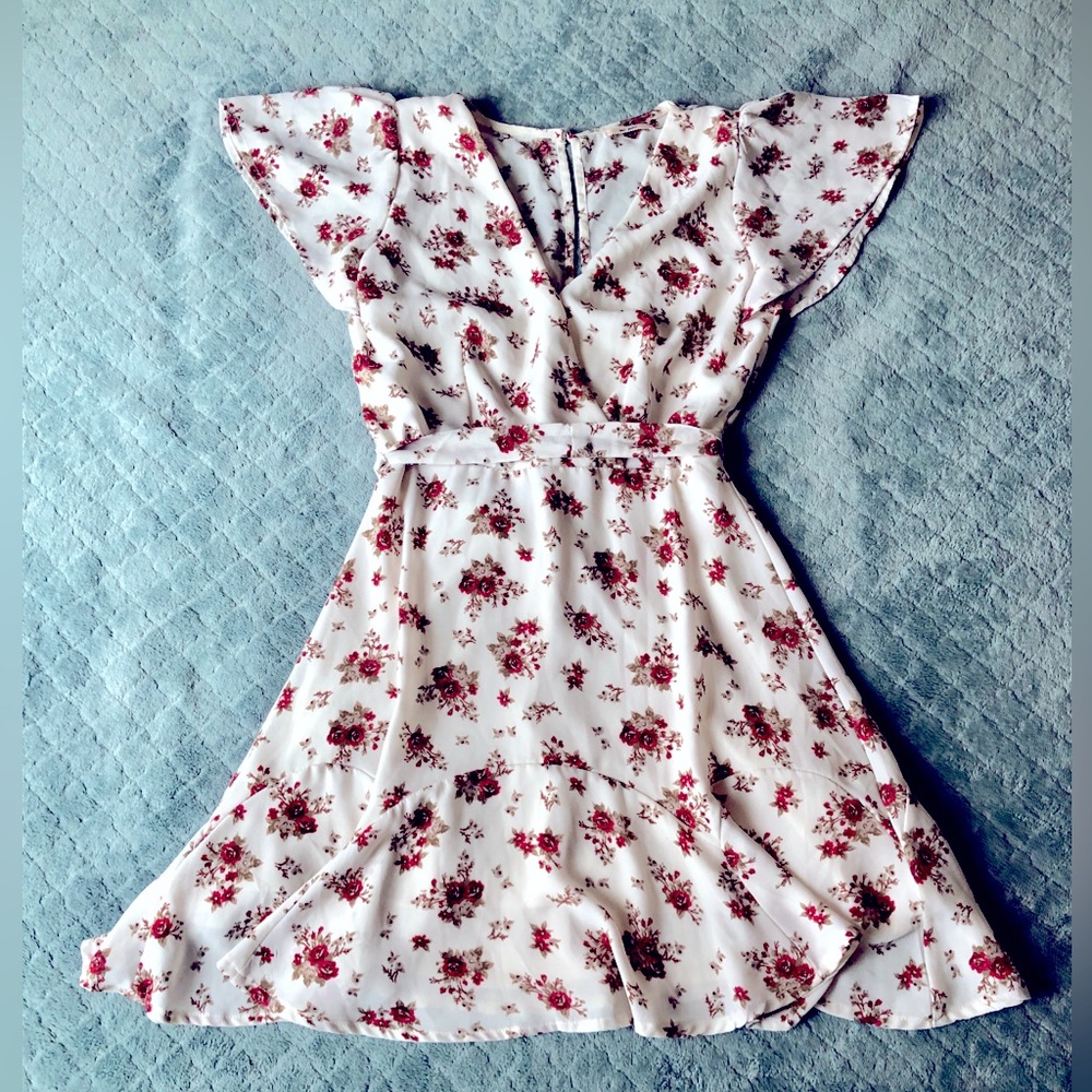 Francesca’s Rose Floral Wrap Mini Dress